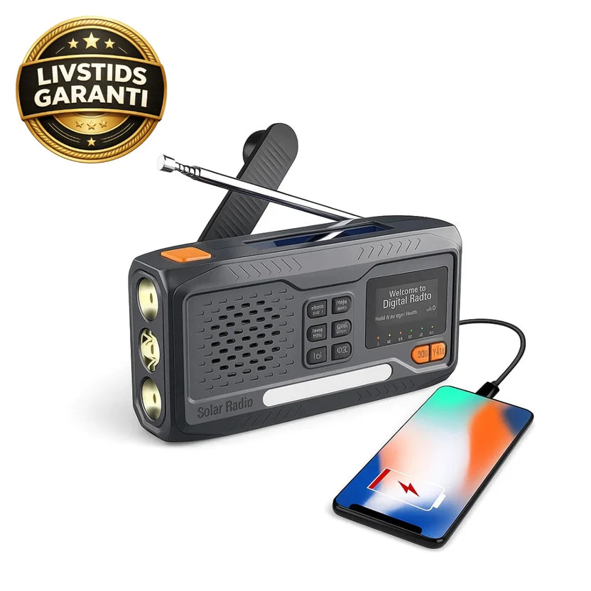 Nödradio – Powerbank, ficklampa, solcell & handvev
